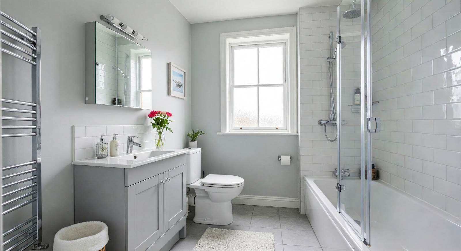 Modern bathroom renovation with white subway tile, gray lower walls, and contemporary vanity in Chesterfield County VA