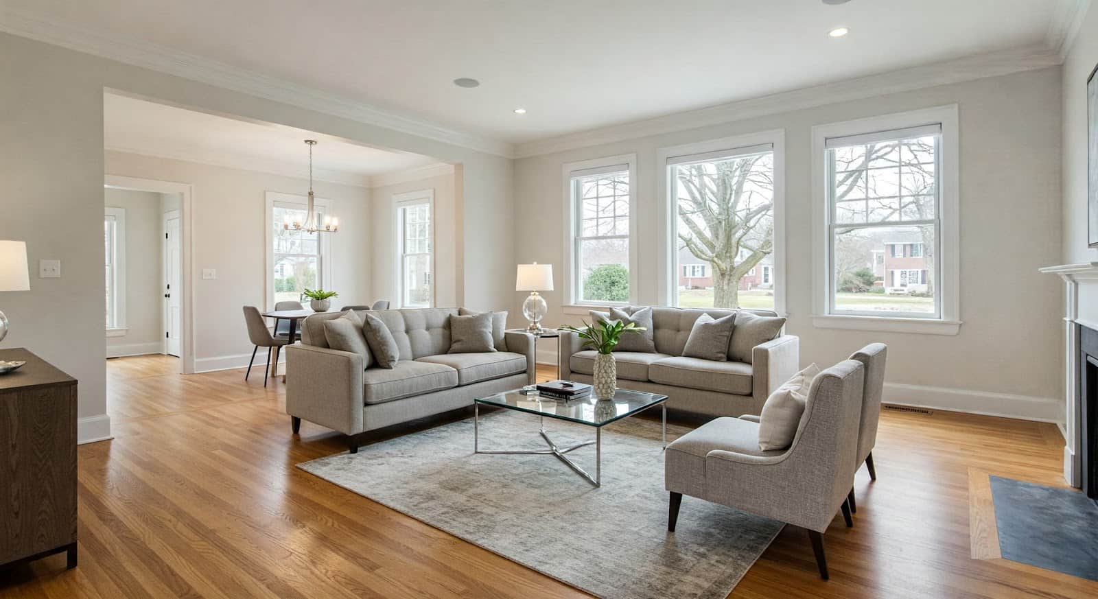 Modern living room renovation with hardwood floors, gray sectional sofa, and large windows in Hanover County VA