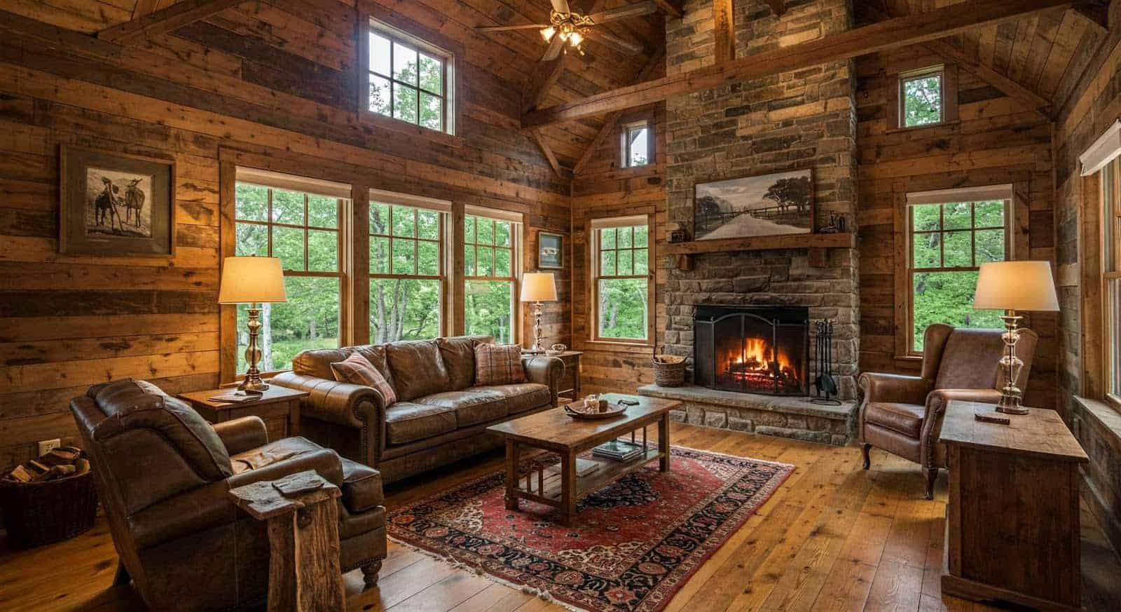 Renovated lake house interior with stone fireplace and leather seating Louisa County VA by RENOMAX Real Estate